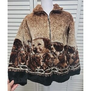 Vtg 90's Mazmania Puppies zip up fleece jacket XL Very Warm Brown Black Dogs EUC